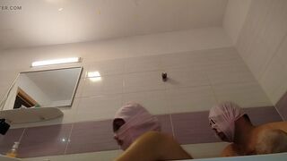 Amateur couple takes a bath, wife with hairy pussy, big ass, big tits.