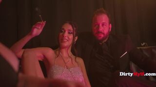 Petite strippers Aria Sloane, Kayla Paige & Chad White strip down and play strip club games with tight pussies & small