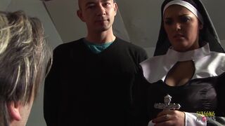 Watch these hot babes take turns on two hung studs with their big tits bouncing in delight