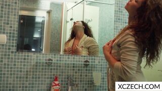 Watch this tattooed MILF get soaking wet in the shower with her huge tits bouncing - 4 image