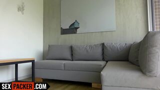 Watch as this tattooed MILF gets dominated on the couch by a huge cock & deepthroats it up close and personal - 1 image