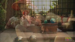 Beautiful brunette lets her fan fuck her wet pussy near the swimming pool