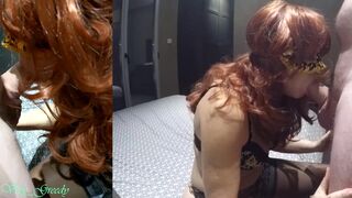 Redhead MILF in sexy lingerie and stockings gives a blowjob and takes a big cumshot on her big tits