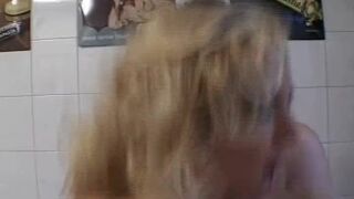 Hot blonde German MILF with huge round boobs making a cock cum