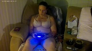 Busty Long Hair Brunette In Bra and Panties Playing PlayStation