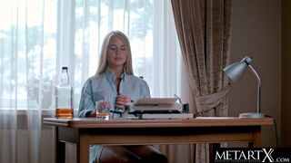 Voluptuous blonde plays with her big natural tits and wet pussy