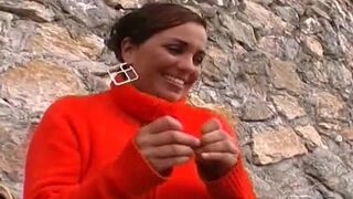 Sexy German ebony getting her huge tits covered with cum outdoors