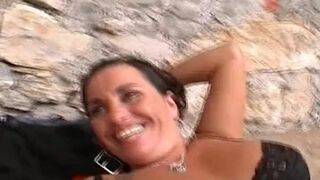 Sexy German ebony getting her huge tits covered with cum outdoors