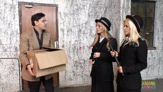 Two blonde milf police officers arrest a guy and take him to the back alley for a threesome - 1 image
