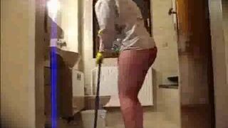 Cleaning lady wants a raise, so she cleans naked