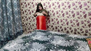 Hot Indian bhabhi shows big natural boobs in red silk saree with dirty hindi talk