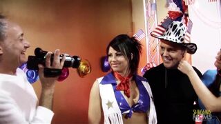 Two busty milf brunettes dressed up as cowgirls ride two hard dicks until they cum on them - 4 image