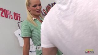 A grocery store foursome begins when the two blonde milfs tease their customer with their big boobs