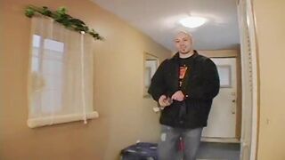 Inexperienced brunette with big tits opens her legs wide for stud's pole