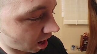 Inexperienced brunette with big tits opens her legs wide for stud's pole