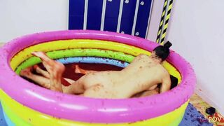 A pool of jello makes the British lesbians with big boobs want to wrestle in it