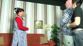 Pussies of two brunette German milfs are stretched by their husbands but they are still for a threesome with their lover