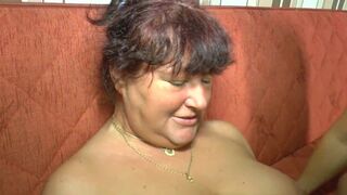 Pussies of two brunette German milfs are stretched by their husbands but they are still for a threesome with their lover