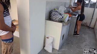 Sex with my neighbor on the balcony of the apartment I blackmail her and she helps me with my handjob I creampie her dirty mouth and creamy pussy neighbor with big ass anal