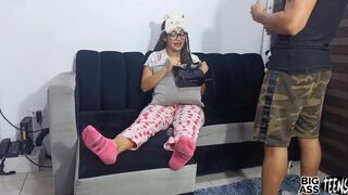 Sex with my Stepdaughter and my wife almost discovered us fucking on the sofa, the beautiful milf can't rest and comes to help her and she can't resist my adult cock Anal sex