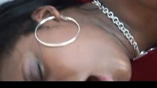 Ebony whore rides a massive cock on the couch