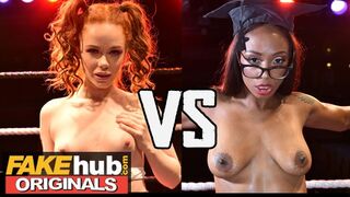 FAKEhub Redhead Teen and Ebony MILF teacher share a cock