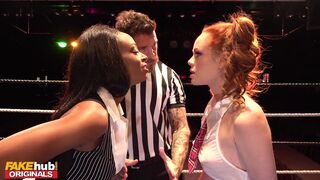 FAKEhub Redhead Teen and Ebony MILF teacher share a cock