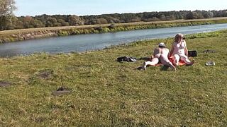 Wild beach. Nudist beach. Outdoors on bank of river lover fucks doggystyle beautiful sexy MILF Frina. Oudoor. Ouside. Naked in public. Sex in public