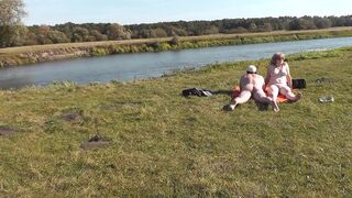 Wild beach. Nudist beach. Outdoors on bank of river lover fucks doggystyle beautiful sexy MILF Frina. Oudoor. Ouside. Naked in public. Sex in public