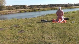 Wild beach. Nudist beach. Outdoors on bank of river lover fucks doggystyle beautiful sexy MILF Frina. Oudoor. Ouside. Naked in public. Sex in public