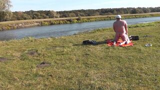 Wild beach. Nudist beach. Outdoors on bank of river lover fucks doggystyle beautiful sexy MILF Frina. Oudoor. Ouside. Naked in public. Sex in public