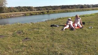 Wild beach. Nudist beach. Outdoors on bank of river lover fucks doggystyle beautiful sexy MILF Frina. Oudoor. Ouside. Naked in public. Sex in public