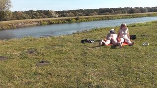 Wild beach. Nudist beach. Outdoors on bank of river lover fucks doggystyle beautiful sexy MILF Frina. Oudoor. Ouside. Naked in public. Sex in public