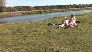 Wild beach. Nudist beach. Outdoors on bank of river lover fucks doggystyle beautiful sexy MILF Frina. Oudoor. Ouside. Naked in public. Sex in public