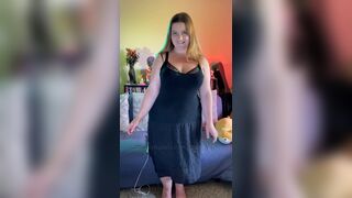 Edging Orgasms with WeVibe plus Hitachi - Black Dress Striptease - BBW 38G Torpedo Tits and G-string - Plus Size Model