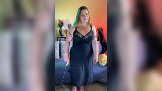 Edging Orgasms with WeVibe plus Hitachi - Black Dress Striptease - BBW 38G Torpedo Tits and G-string - Plus Size Model