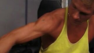 Stud fucks big breasted blonde whore's shaved pussy then cums on her chest